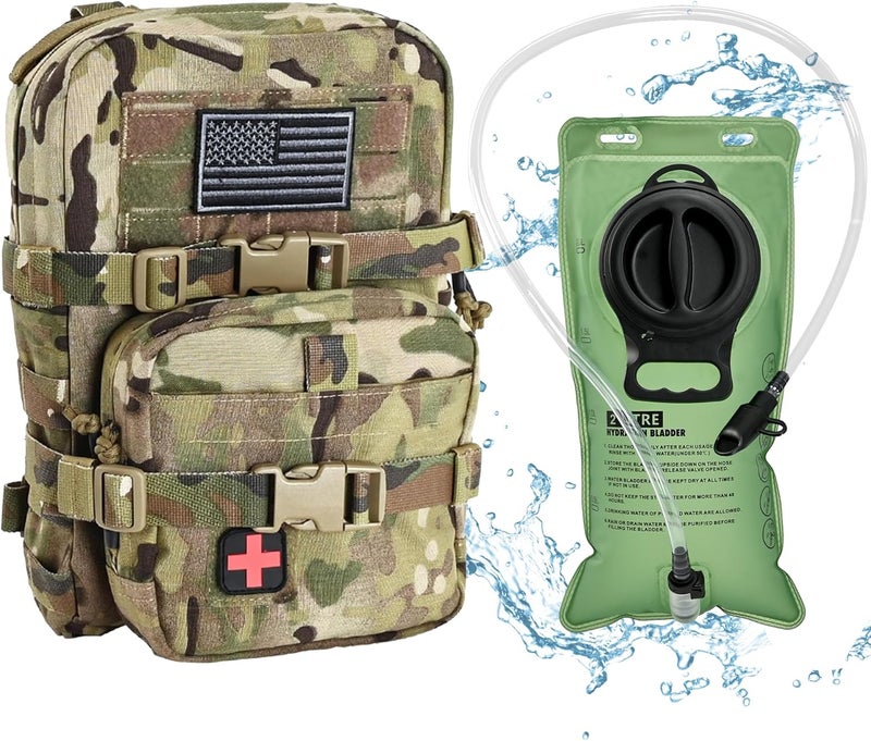 tactifans Tactical Mini Molle Hydration Pack,Molle Hydration Carrier with IFAK Pouch&US Flag&Med Patch,Hydropack for 2L Water Bladder - Image 1